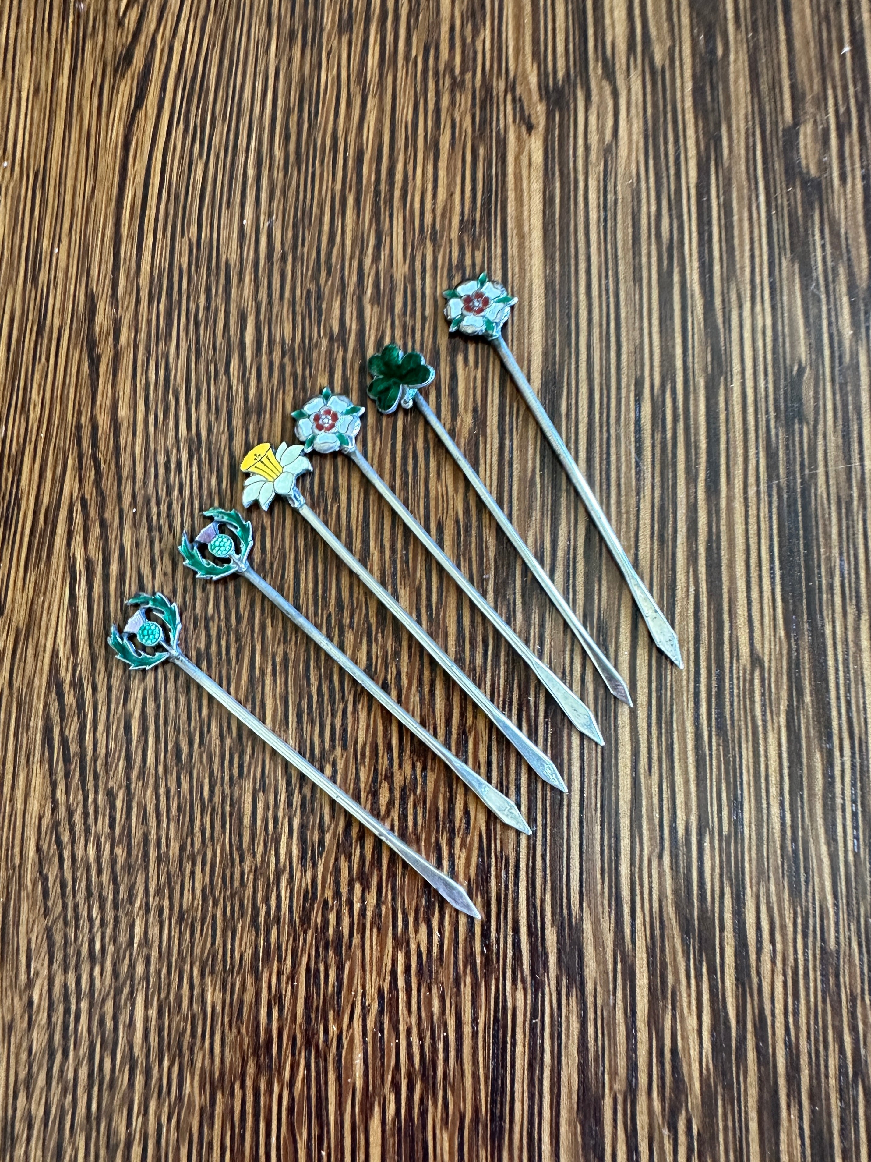 Sterling Enameled Flower Cocktail Picks