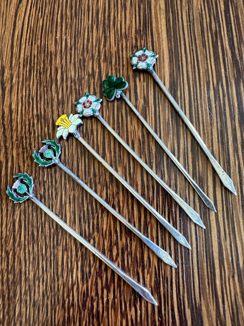 Sterling Enameled Flower Cocktail Picks