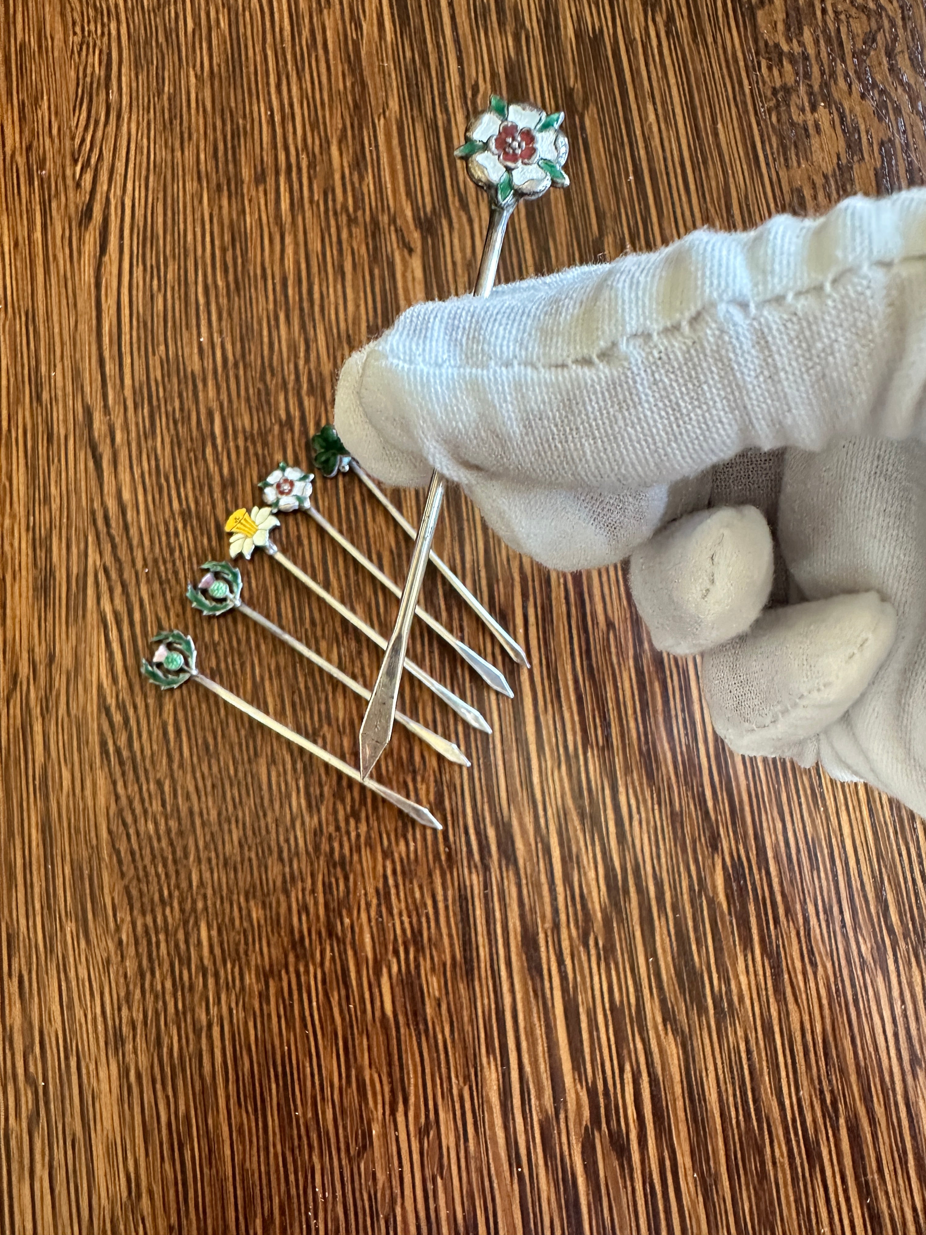 Sterling Enameled Flower Cocktail Picks