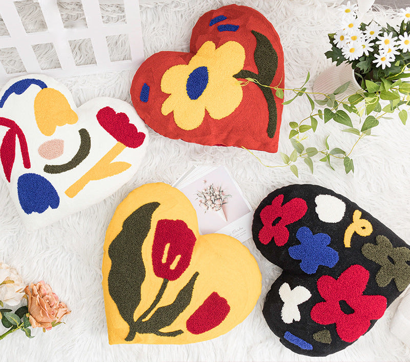 Plush Heart Flower Embroidered Pillow