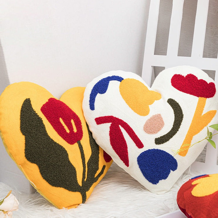 Plush Heart Flower Embroidered Pillow